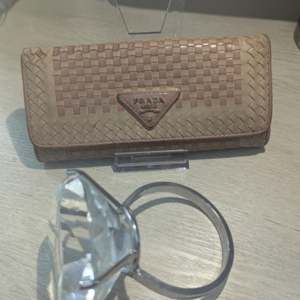 COA Prada Madras Woven Leather Continental Wallet in Blush Pink